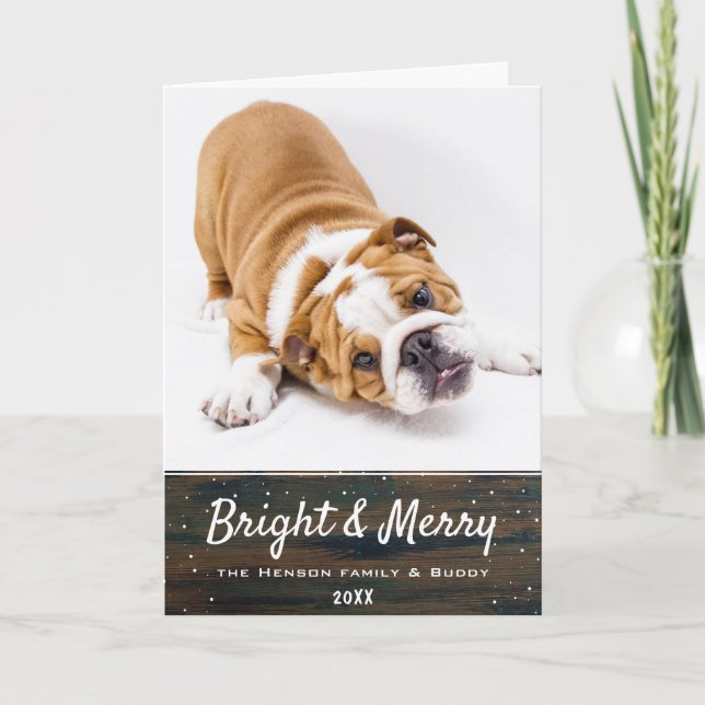 Tarjeta Rustic Dark Wood Navidades Dog Photo Holiday Card (Anverso)