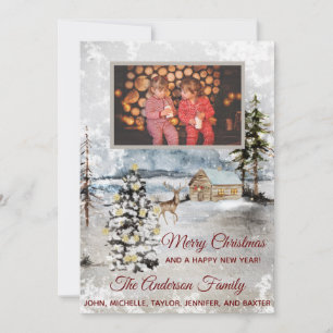 Tarjeta Rustic Forest Deer Cabin Photo Navidades