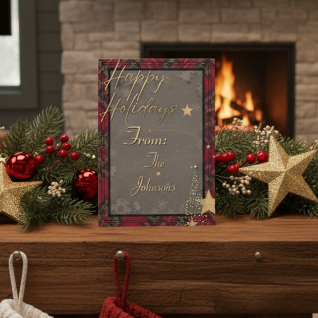 Tarjeta Rustic Gold Elegant Red Plaid Navidades (Subido por el creador)