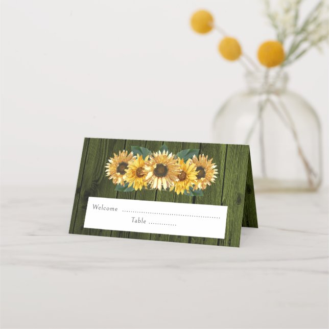 Tarjeta Rustic Green Sunflower Recepción Place (Anverso)