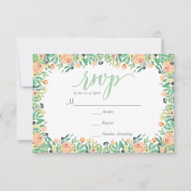 Tarjeta RUSTIC Green Watercolor pink peonates RSVP (Anverso)