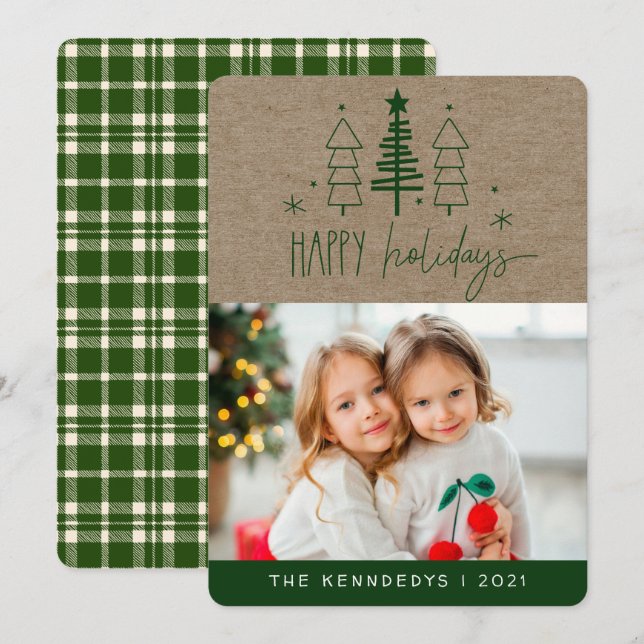 Tarjeta Rustic Happy Holidays Photo Plaid Navidade (Anverso / Reverso)