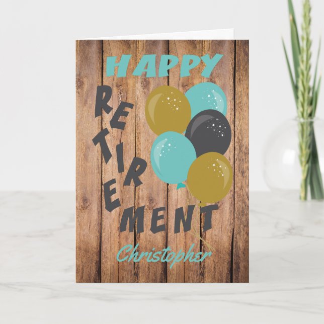 Tarjeta Rustic Happy Retirement Blue Balloons (Anverso)