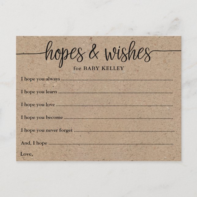 Tarjeta Rustic Kraft Script Baby Hopes & Wiers (Anverso)