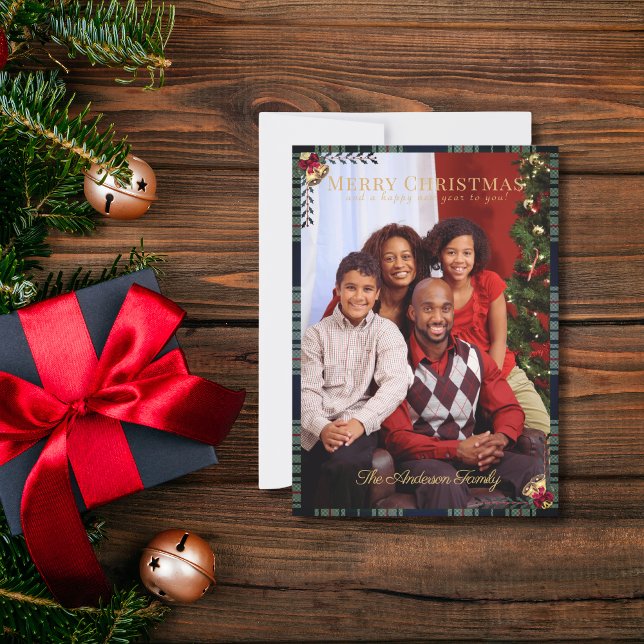 Tarjeta Rustic Merry Christmas 1 Photo Tartan Blue Plaid (Subido por el creador)