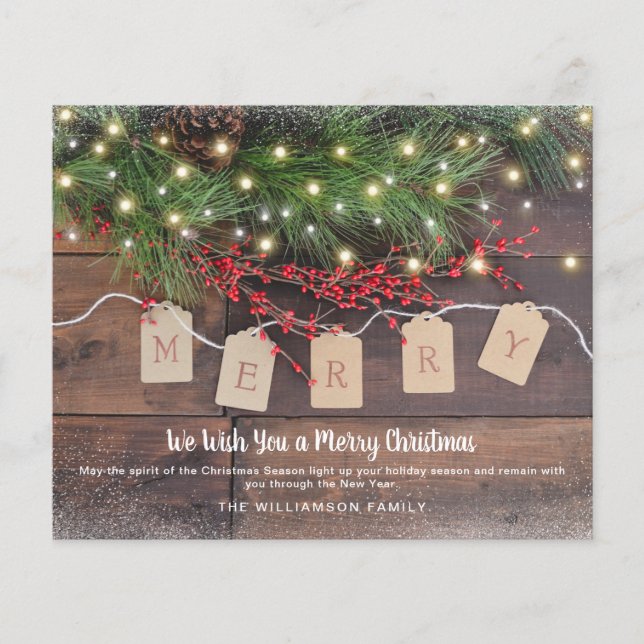 Tarjeta Rustic Pine Berries Merry Budget Navidades (Anverso)