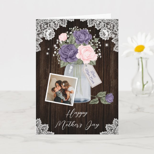 Tarjeta Rustic Purple Pink Floral: Feliz Día de la Madre (Planta pequeña)