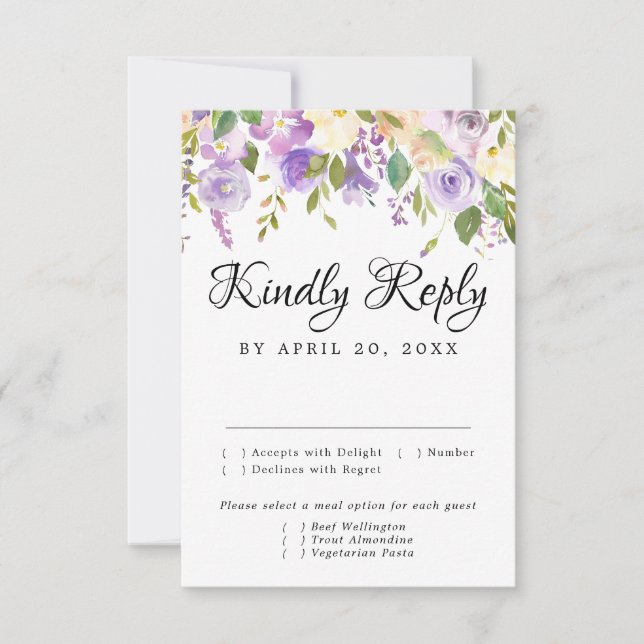 Tarjeta Rustic Purple y White RSVP, opciones de co (Anverso)