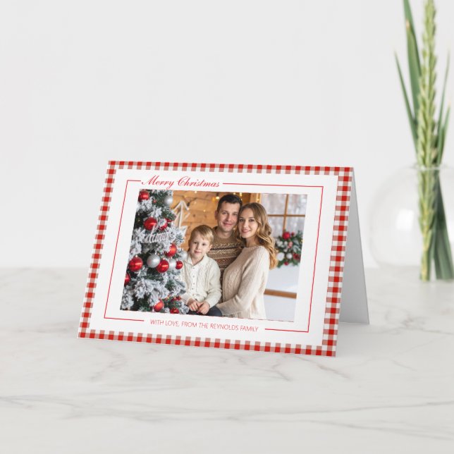 Tarjeta Rustic Red Gingham Photo Christmas Greeting Card (Anverso)