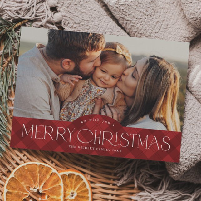 Tarjeta Rustic Red Plaid Budget Photo Navidades (Rustic red plaid budget photo Christmas holiday card.)