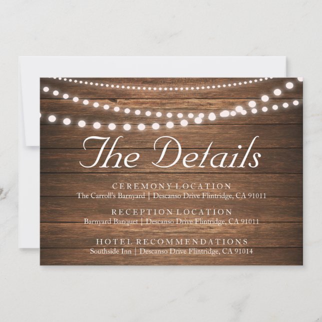 Tarjeta Rustic String of Lights Boda Details (Anverso)