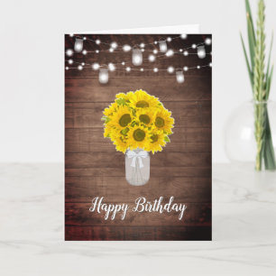 Tarjeta Rustic Sunflowers String ilumina Mason Jar Birthda