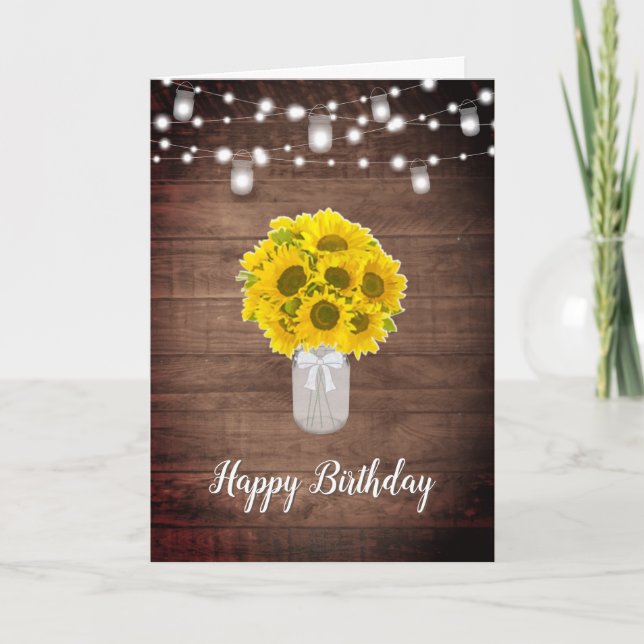 Tarjeta Rustic Sunflowers String Lights Mason Jar Birthday (Anverso)