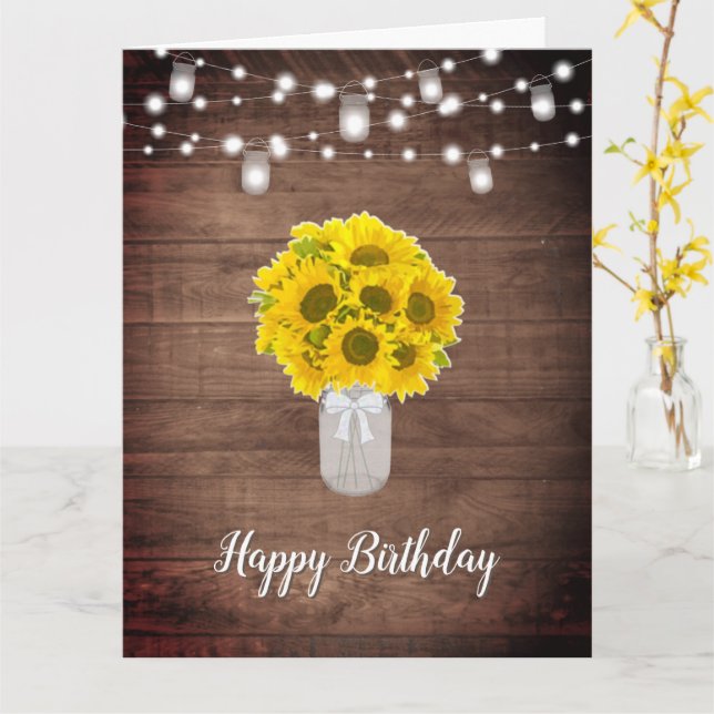 Tarjeta Rustic Sunflowers String Lights Mason Jar Birthday (flor amarilla)