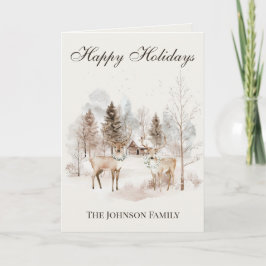Tarjeta Rustic Watercolor Deer Winter Forest Christmas