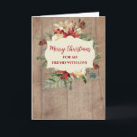 Tarjeta Rustic Watercolor Friend Feliz Navidad<br><div class="desc">Feliz Navidad para la tarjeta de amistad con un patrón rústico de madera y flores acuarelas y follaje.</div>