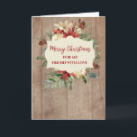 Tarjeta Rustic Watercolor Friend Feliz Navidad<br><div class="desc">Feliz Navidad para la tarjeta de amistad con un patrón rústico de madera y flores acuarelas y follaje.</div>