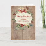 Tarjeta Rustic Watercolor Wife Feliz Navidad<br><div class="desc">Feliz Navidad para la tarjeta de esposa en un patrón rústico de madera y flores acuarelas y follaje.</div>
