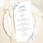 Tarjeta Rustic White & Navy Blue Floral Boda<br><div class="desc">Este encantador menú de la recepción de bodas presenta un fondo blanco clásico con flores silvestres dibujadas a mano y una tipografía elegante en azul marino. Juntos, estos elementos crean un menú casero rústico y elegante, perfecto para un boda romántico en cualquier época del año. Este diseño se coordina con...</div>