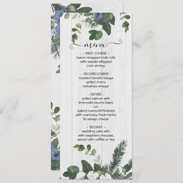 Tarjeta Rustic White Wood Floral & Pine Menu (Anverso / Reverso)