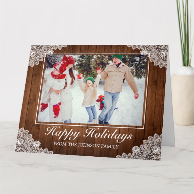 Tarjeta Rustic Wood & Lace Photo Happy Holidays Grey (Anverso)