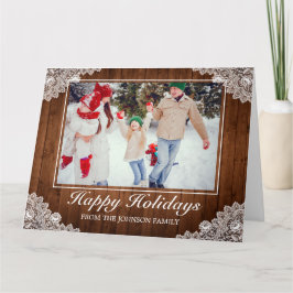 Tarjeta Rustic Wood & Lace Photo Happy Holidays Grey