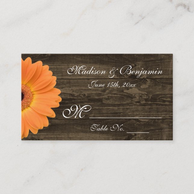 Tarjeta Rustic Wood Naranja Gerber Daisy Boda Plac (Anverso)