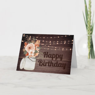 Tarjeta Rustic Wood String ilumina el cumpleaños floral