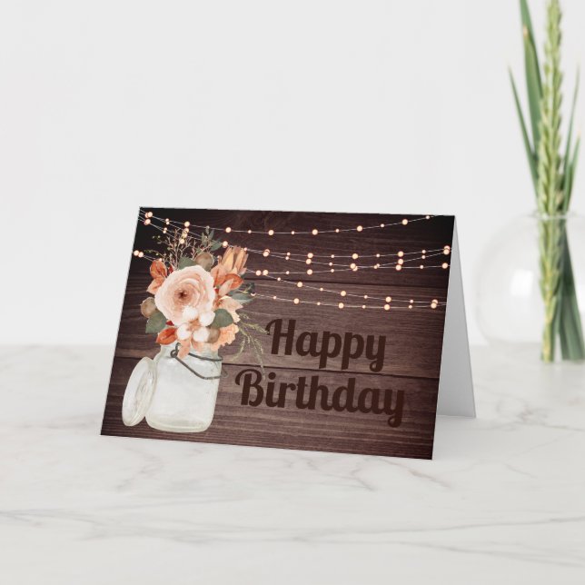 Tarjeta Rustic Wood String ilumina el cumpleaños floral (Anverso)