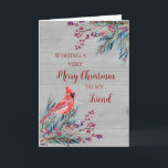 Tarjeta Rustic Wood Watercolor Friend Feliz Navidad<br><div class="desc">Feliz Navidad para tarjeta de amistad con follaje acuático de invierno,  patrón cardinal,  rústico de madera y verso reflexivo.</div>