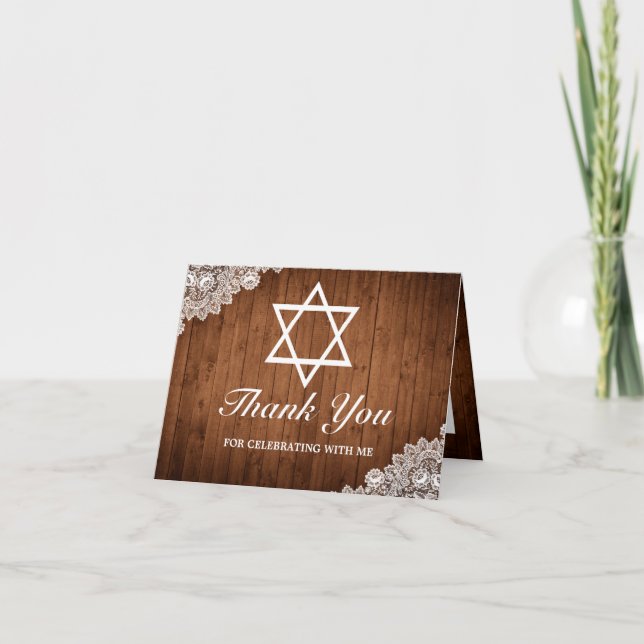 Tarjeta Rustic Wood & White Lace Bar Bat Mitzvah Gracias (Anverso)