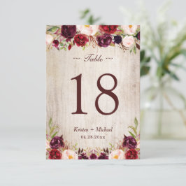 Tarjeta Rustic Woodgrain Burgundy Floral Table Num