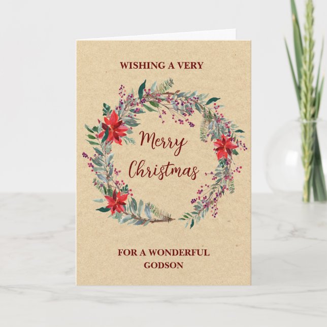 Tarjeta Rustic Wreath Godson Feliz Navidad (Anverso)