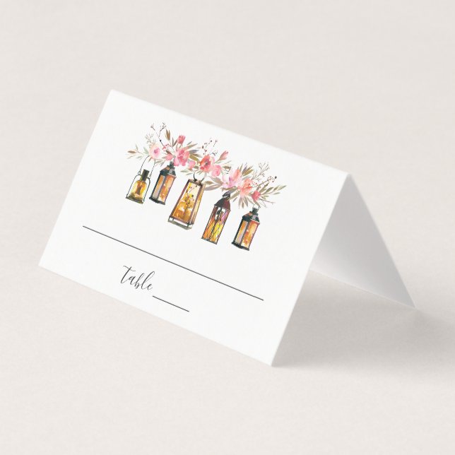 Tarjeta Rústica acuarela floral Linterna Boda lugar (Anverso)