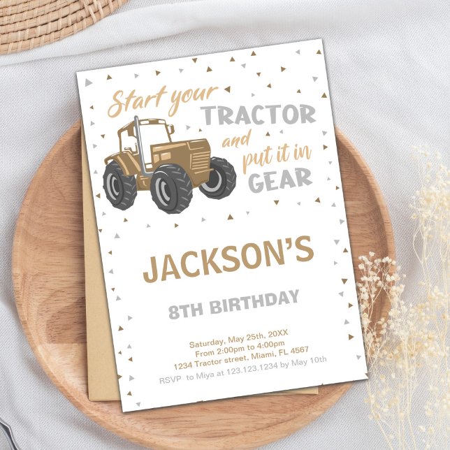Tarjeta Rústica de Fiesta de granja para niños (Brown Tractor Birthday Invitations)