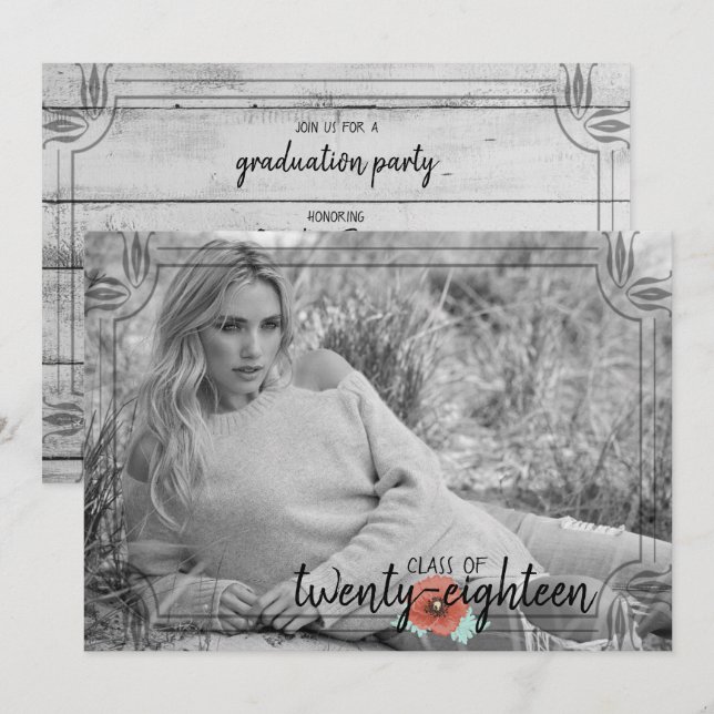 Tarjeta Rústica de Graduación de Flores de Madera  (Anverso / Reverso)