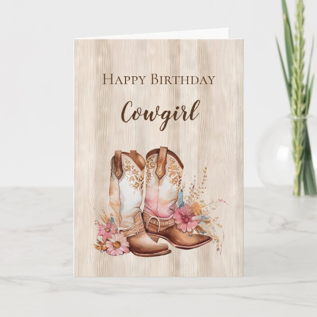 Tarjeta Rústica Faux Wood Cowgirl Floral Boots Cumpleaños (Anverso)