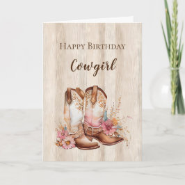 Tarjeta Rústica Faux Wood Cowgirl Floral Boots Cumpleaños