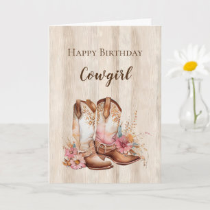 Tarjeta Rústica Faux Wood Cowgirl Floral Boots Cumpleaños