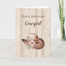 Tarjeta Rústica Faux Wood Cowgirl Floral Gorra Cumpleaños