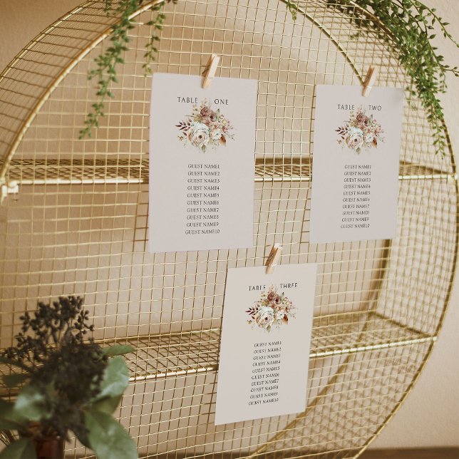 Tarjeta Rústica Floral Colgante Boda de asiento (Wedding table seating chart cards - Rustic Floral Brown Neutral Wedding Collection by Darling & May)