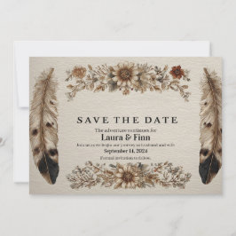 Tarjeta rústica "Save the Date" con plumas y flore
