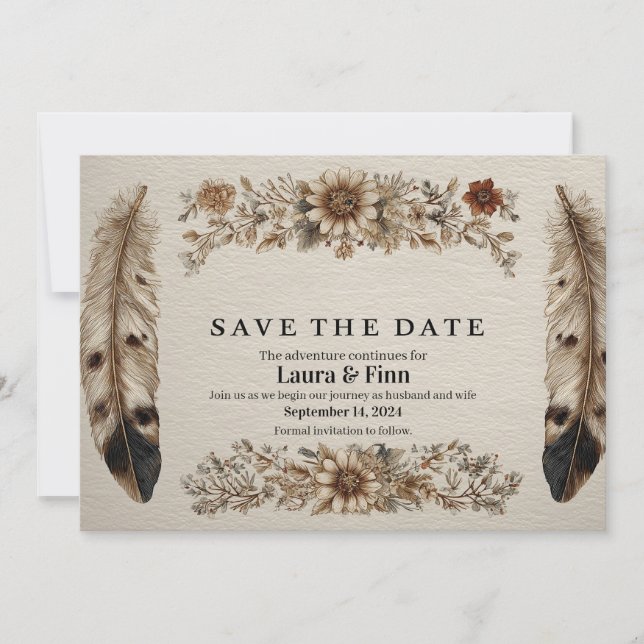 Tarjeta rústica "Save the Date" con plumas y flore (Anverso)