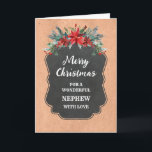 Tarjeta Rústico Chalkboard Nephew Feliz Navidad<br><div class="desc">Feliz Navidad para la carta del sobrino con un patrón rústico de pizarra y follaje de invierno con poinsettias.</div>