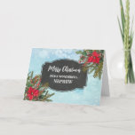 Tarjeta Rústico Chalkboard Nephew Feliz Navidad<br><div class="desc">Feliz Navidad para la carta del sobrino con un patrón rústico de pizarra y follaje de invierno con poinsettias.</div>