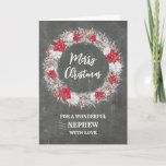 Tarjeta Rústico Chalkboard Nephew Feliz Navidad<br><div class="desc">Feliz Navidad para la carta del sobrino con un patrón rústico de timbre y corona nevada con puntias.</div>