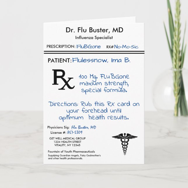 Tarjeta RX Prescription Pad Funny Flu Remedy (Anverso)