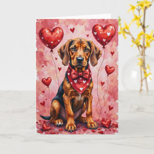 Tarjeta Sabueso de San Valentín sentado con corazones rojo