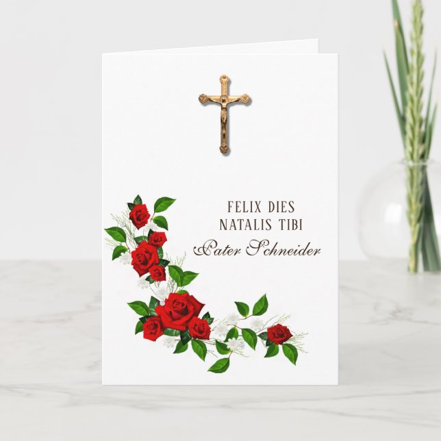 Tarjeta Sacerdote católico Rosas Crucifijos de cumpleaños  (Anverso)