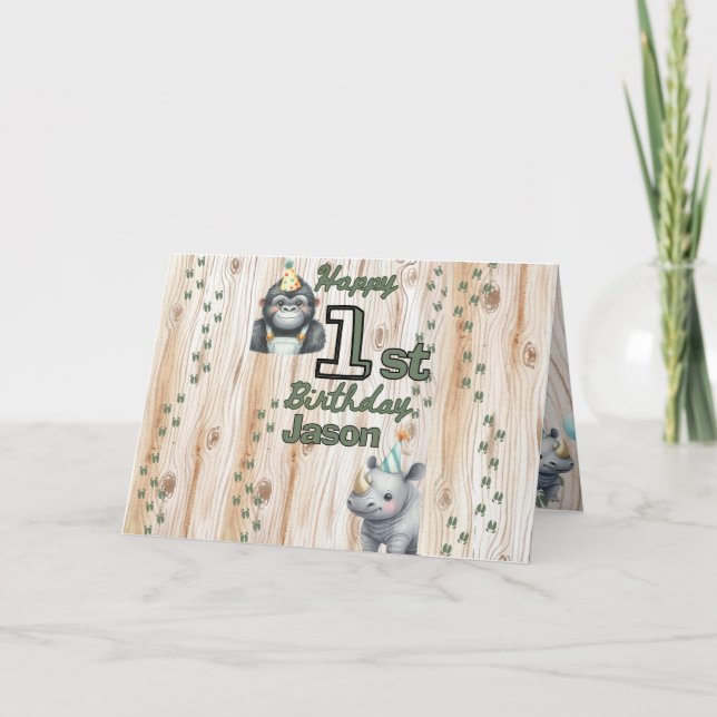Tarjeta Safari Animal Gorilla Rhino Cumpleaños (Anverso)